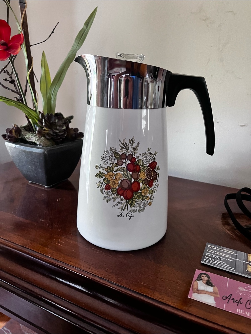 White Floral Thermal Coffee Carafe with Black Handle